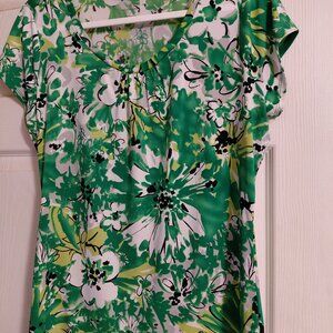 Worthington Womans Short Sleeve Top, Green Floral, Large